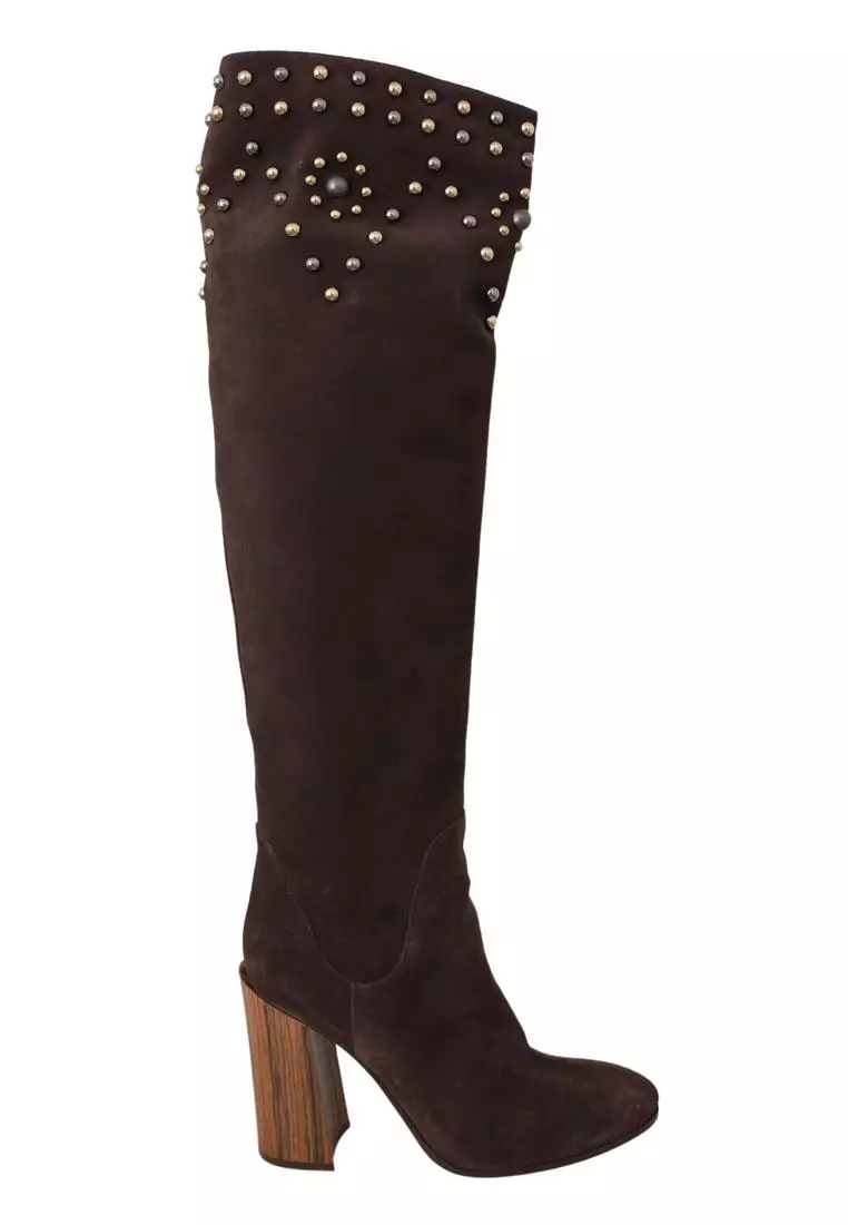 Buy Dolce Gabbana Dolce Gabbana Brown Suede Studded Knee High