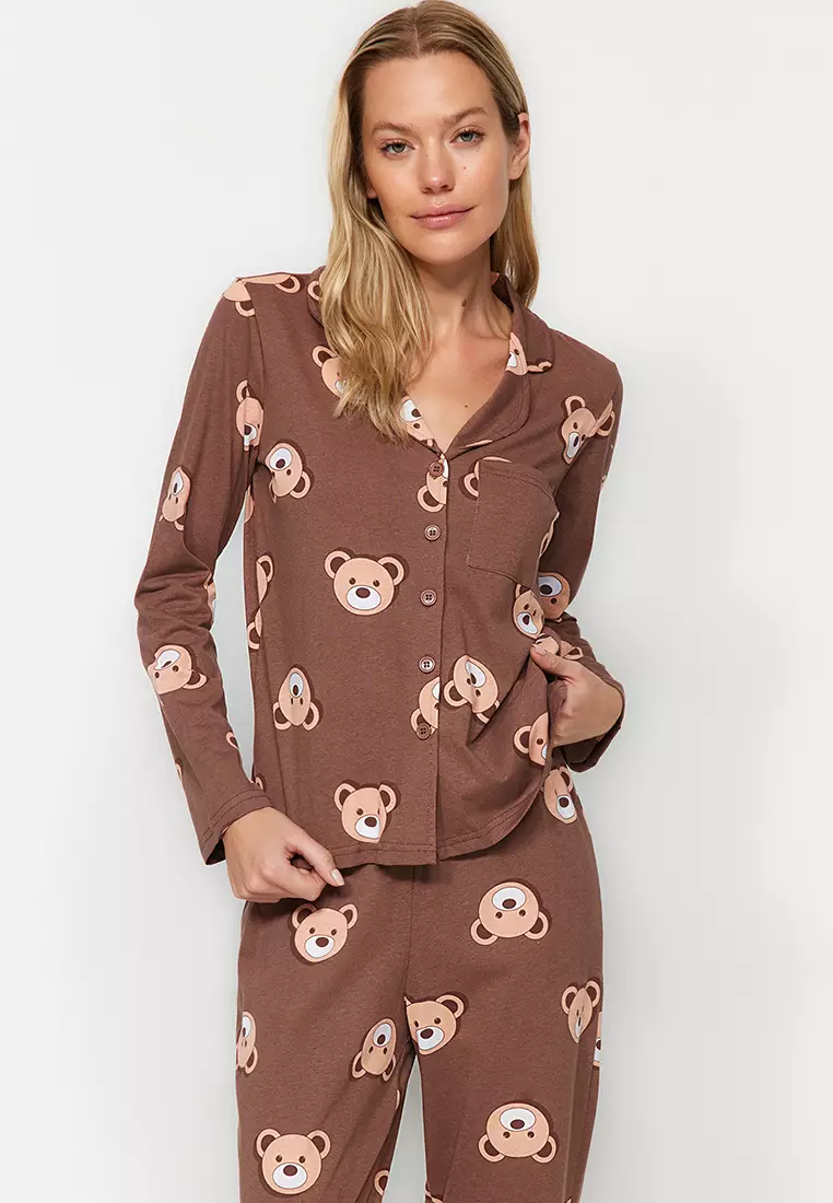 Brown 100% Cotton Teddy Bear Patterned Shirt-Pants Knitted Pajama Set Thmaw24Pt00002