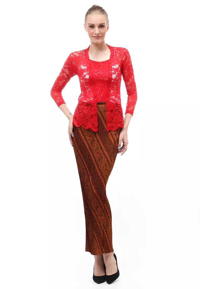 Hara Kebaya Seri 2 Motif Brokat Long Sleeves Atasan Wanita Transparan Premium Quality - Merah