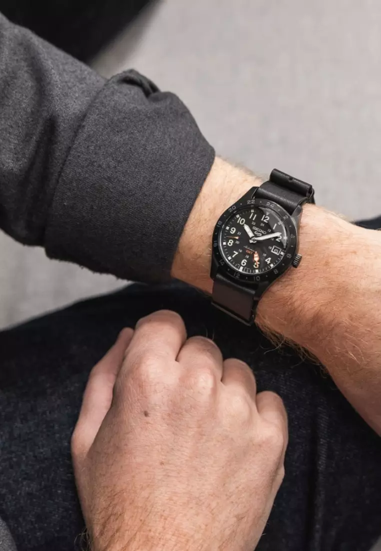 Seiko 5 Sports Field ‘Deception’ Mechanical GMT Calfskin Leather Strap Automatic Watch SSK025K1