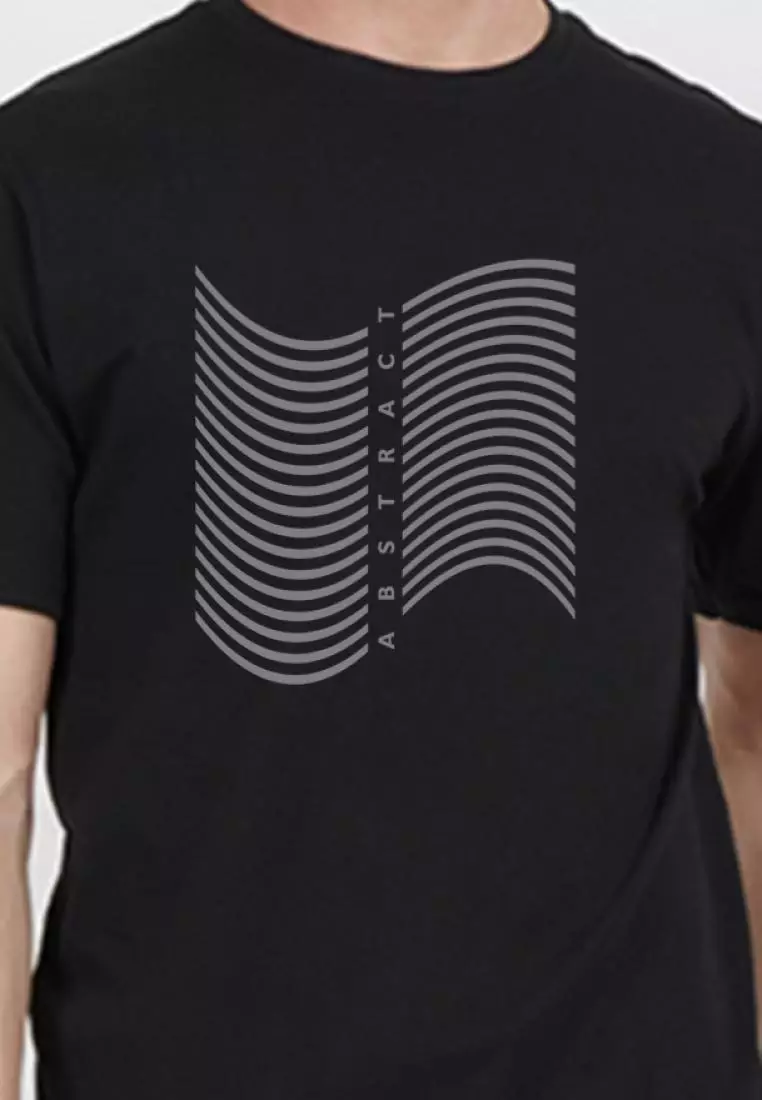 Abstract Lines Graphic Black Cotton Blend Short Sleeve Regular Fit Tee