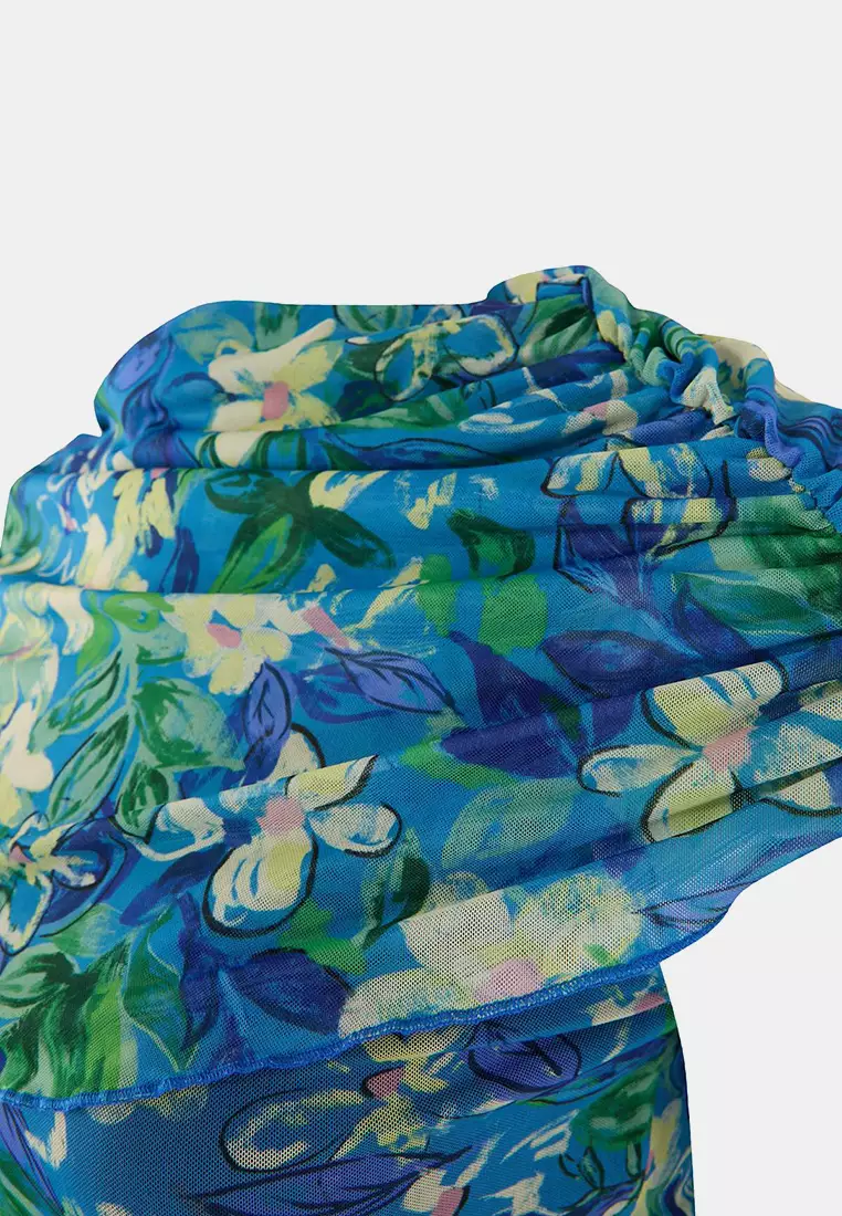 Limited Edition Blue Floral Print Tulle Knitted Plus Size Dress Tbbss26Ah00182
