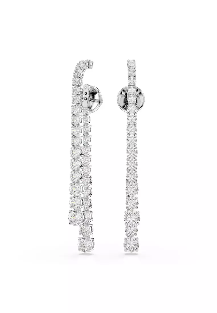 Matrix drop earrings, Gradient of round cuts, White, Rhodium plated