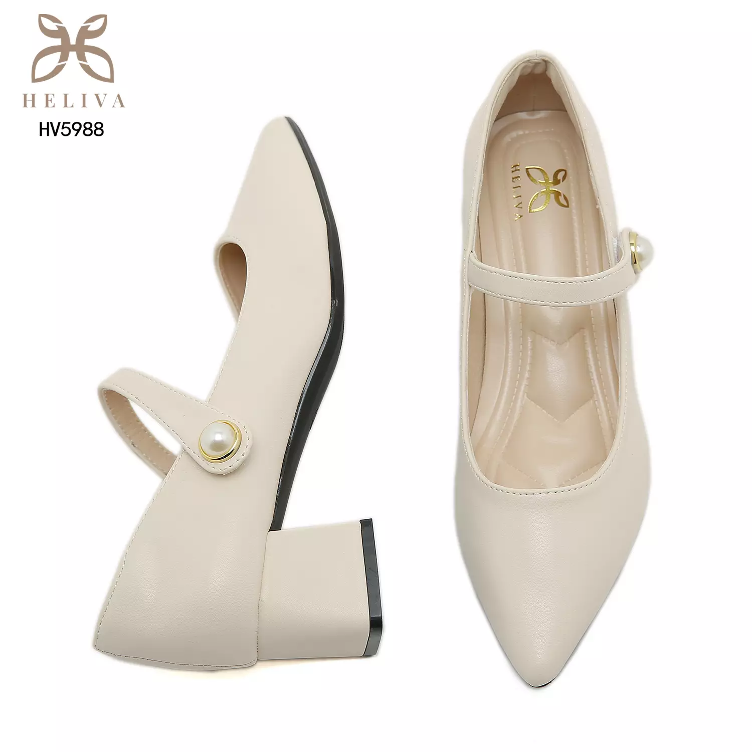 Heliva Reine Women Shoes Heels Chungky Strap Velcro Accessories Pearl 5cm HV5988