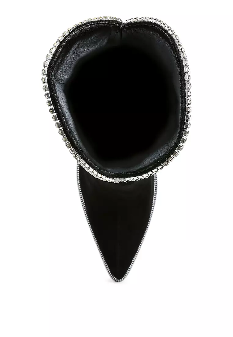 Diamante Chain Detail Calf Boots in Black