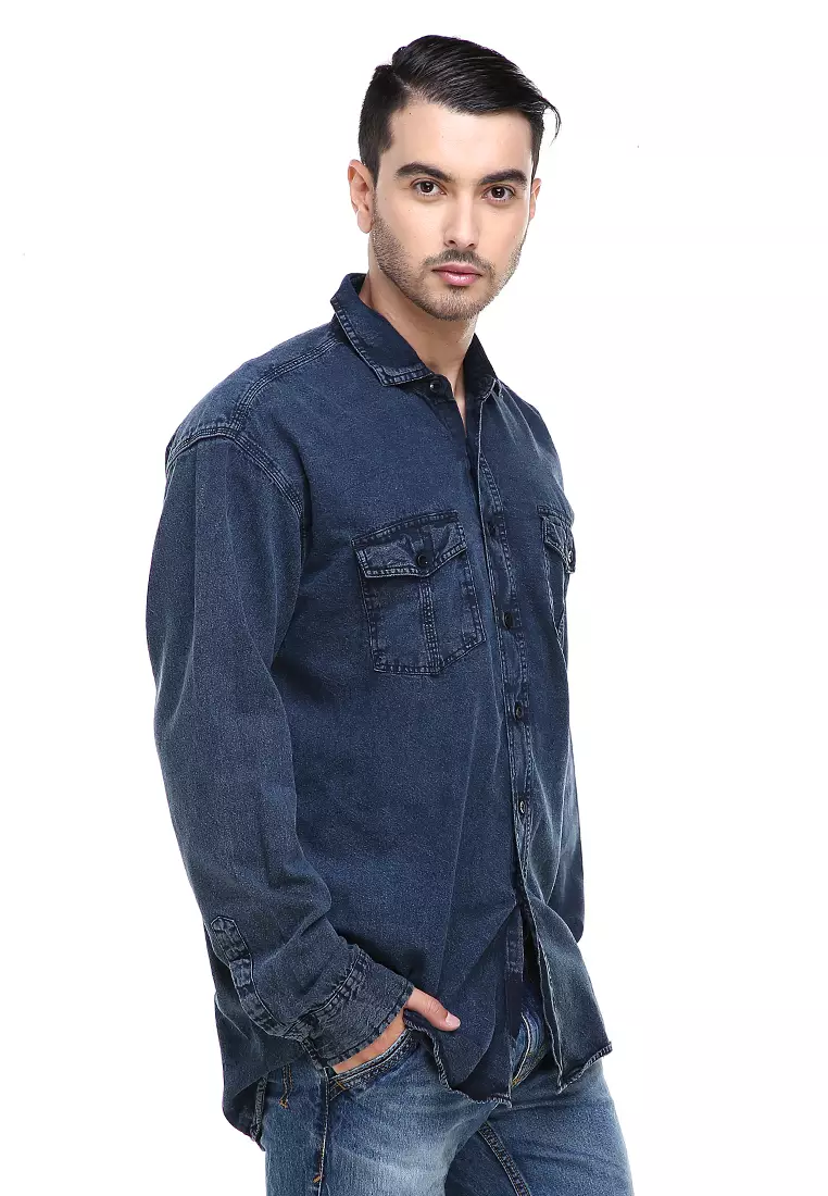 Dwan Casual Shirt Baju Kemeja Over Size Pria Lengan Panjang Two Pockets Material Jeans ORIGINAL - Blue