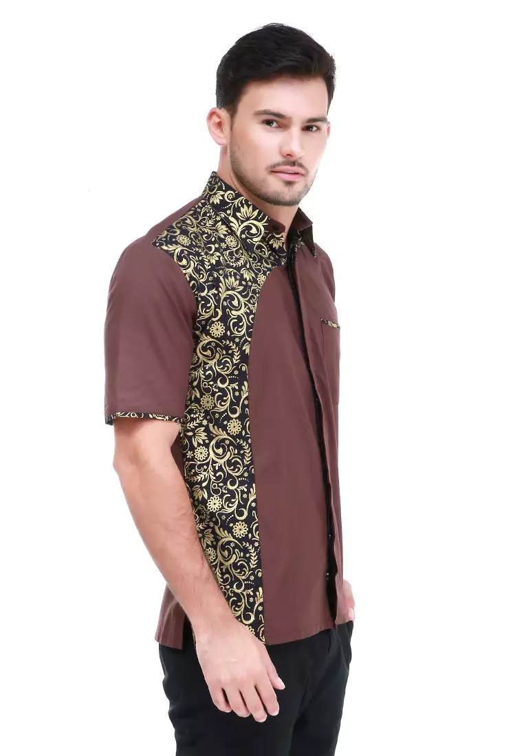 Dwan Kemeja Batik Pria Right Side Atasan Formal Shortsleeve Shirt Material Cotton ORIGINAL - Brown