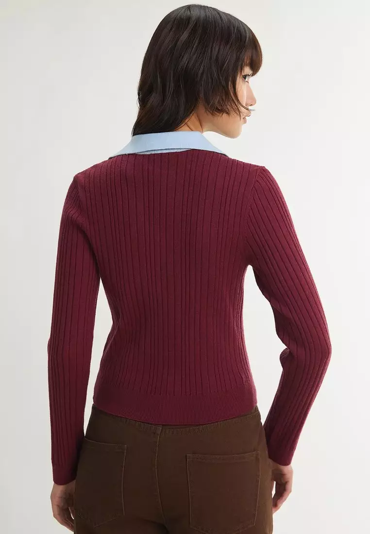 Contrast Collar Ribbed Pocket Detail Cardigan - Red