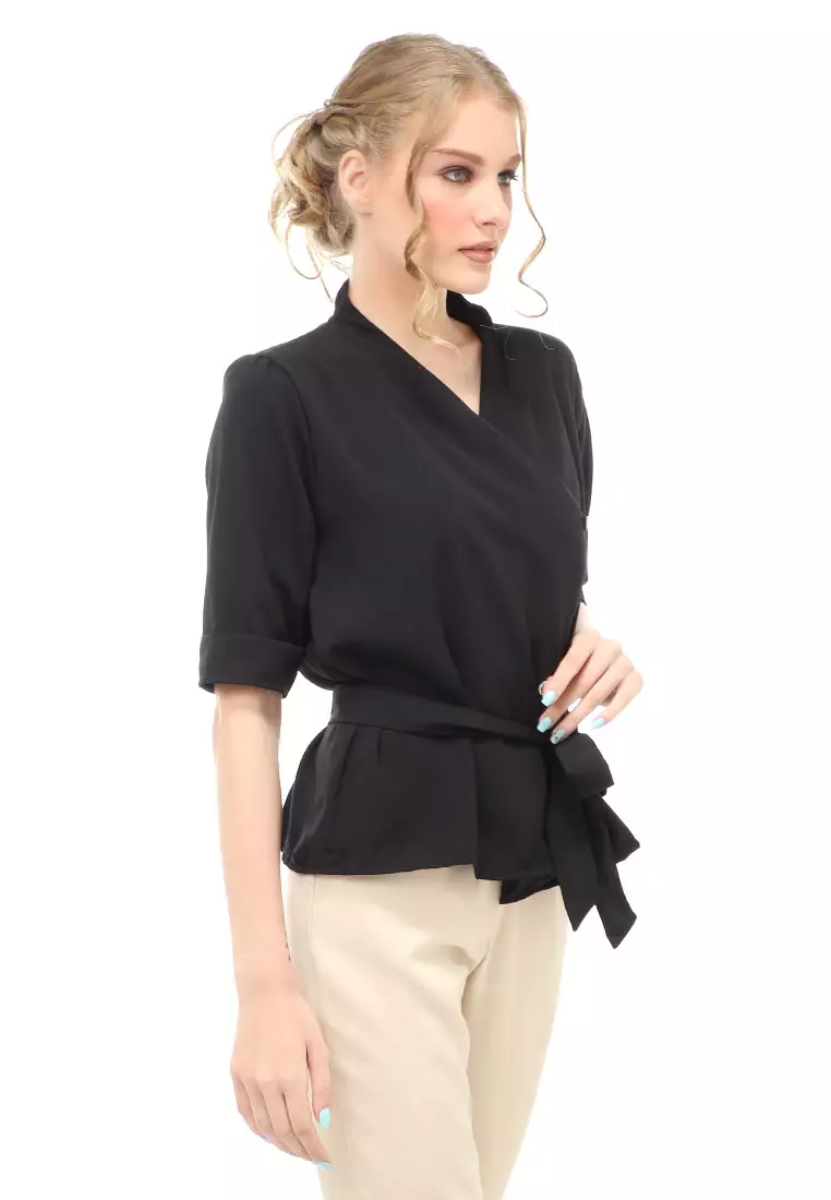 Cheva Blouse Atasan Wanita Kasual Model Tali Ikat Pinggang Material Wolfis ORIGINAL - Black