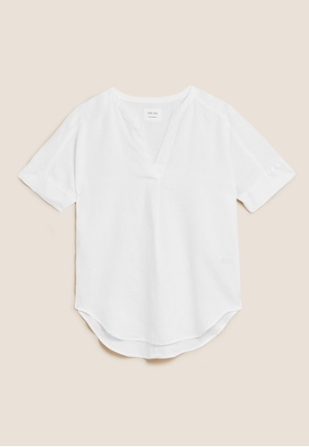 Buy MARKS u0026 SPENCER Mu0026S Pure Linen Short Sleeve Popover Blouse 2023 Online  | ZALORA Singapore