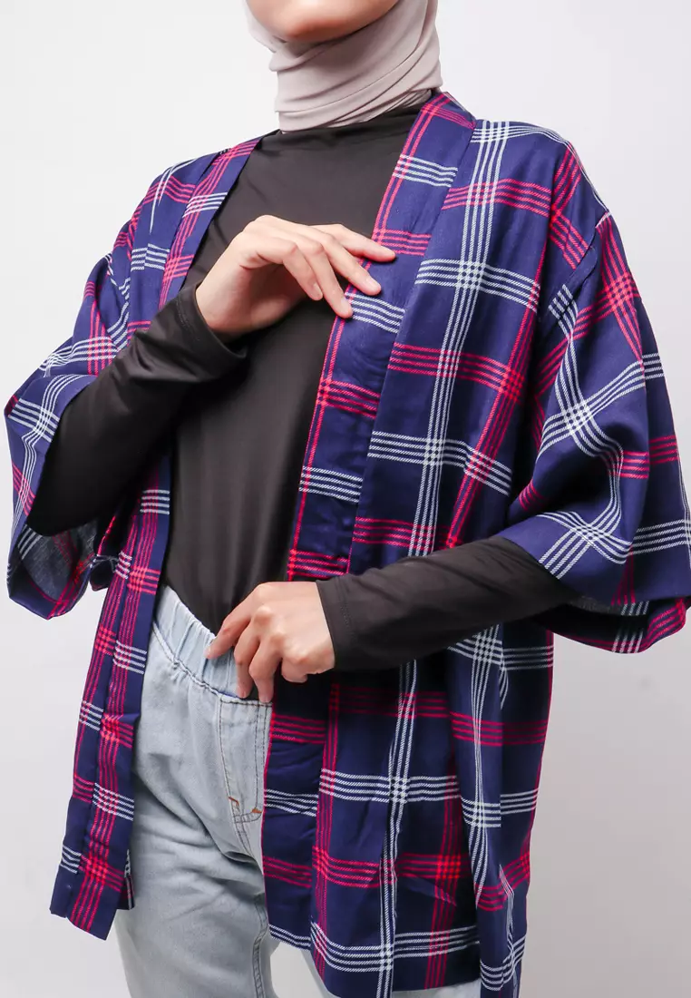 NTB13 KMN Kimono Unisex Kotak Navy Pink