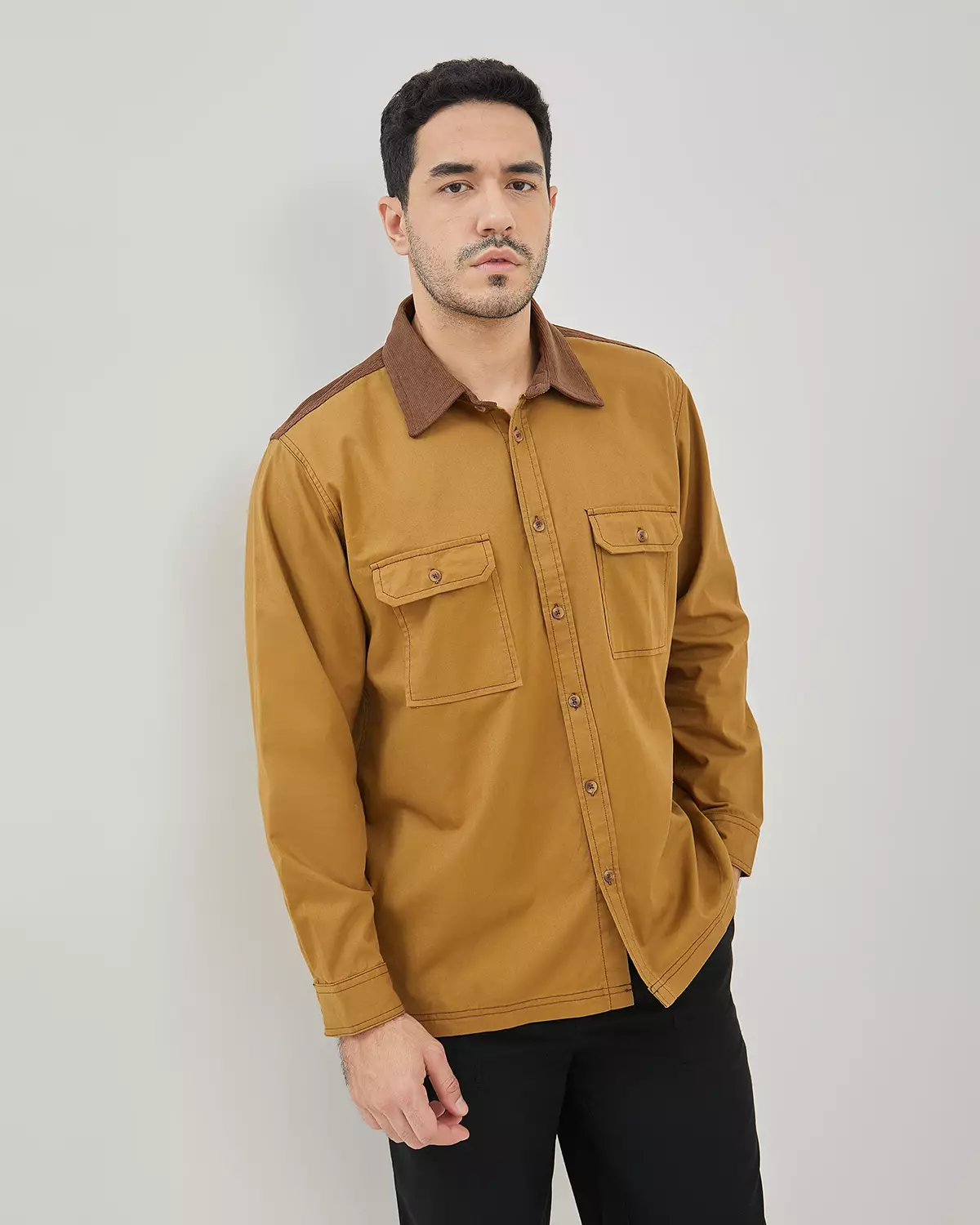 MEN'S LONG SLEEVE SHIRT WITH KHAKI BROWN PATTERN