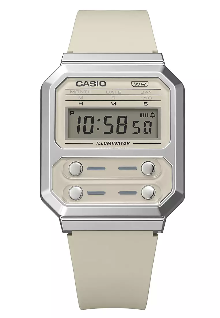 Casio - Jam Tangan Digital Wanita - Silver - Cream Resin Strap - A100WEF-8ADF
