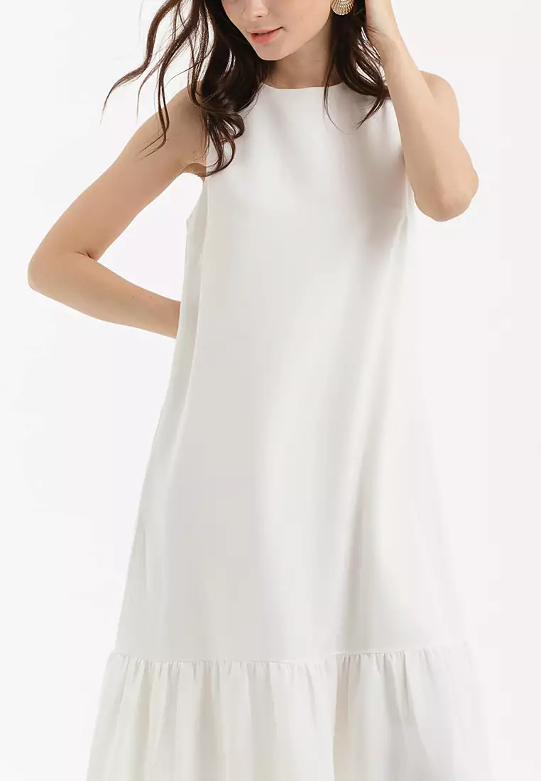 Shift Midi Ruffle Dress in White