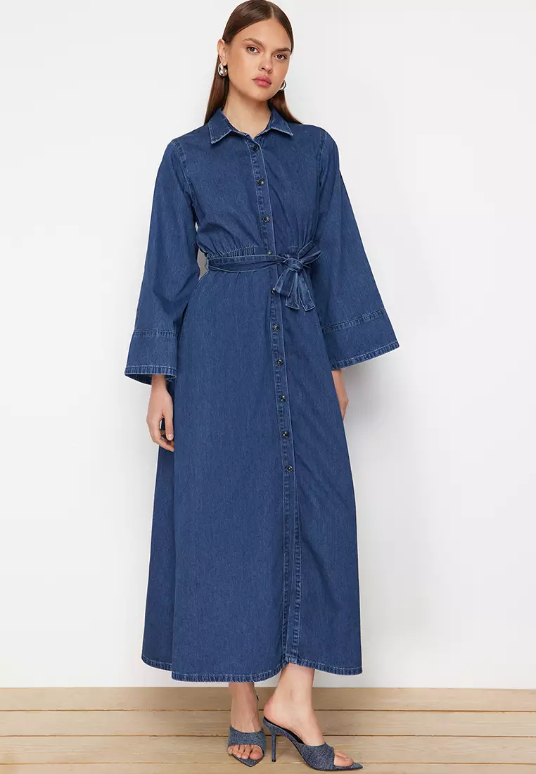 Cotton Denim Maxi Shirt Dress