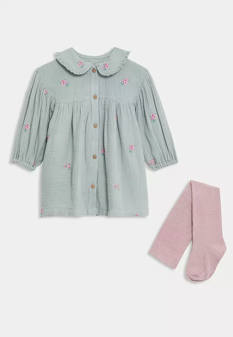 2pc Cotton Rich Dress and Tights Outfit