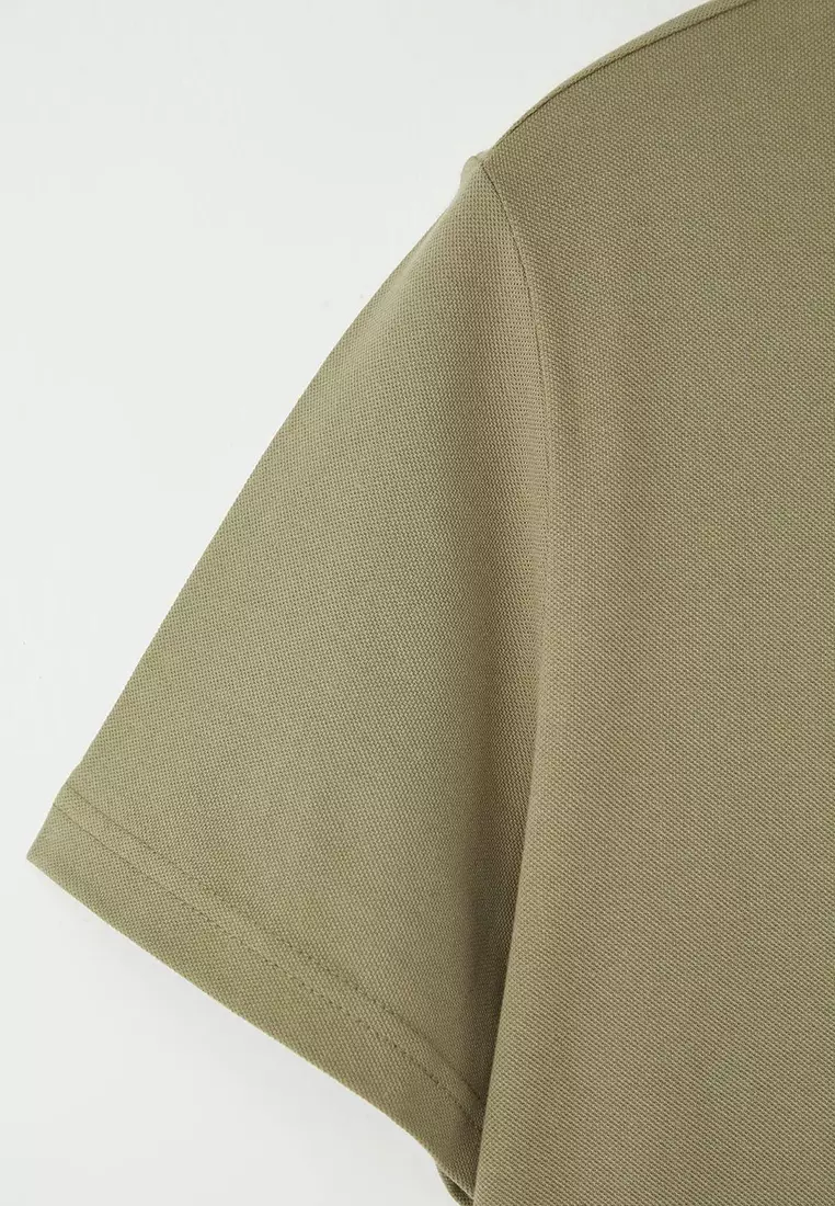 Khaki Regular/Normal Cut Zippered 100% Cotton Polo Neck T-Shirt