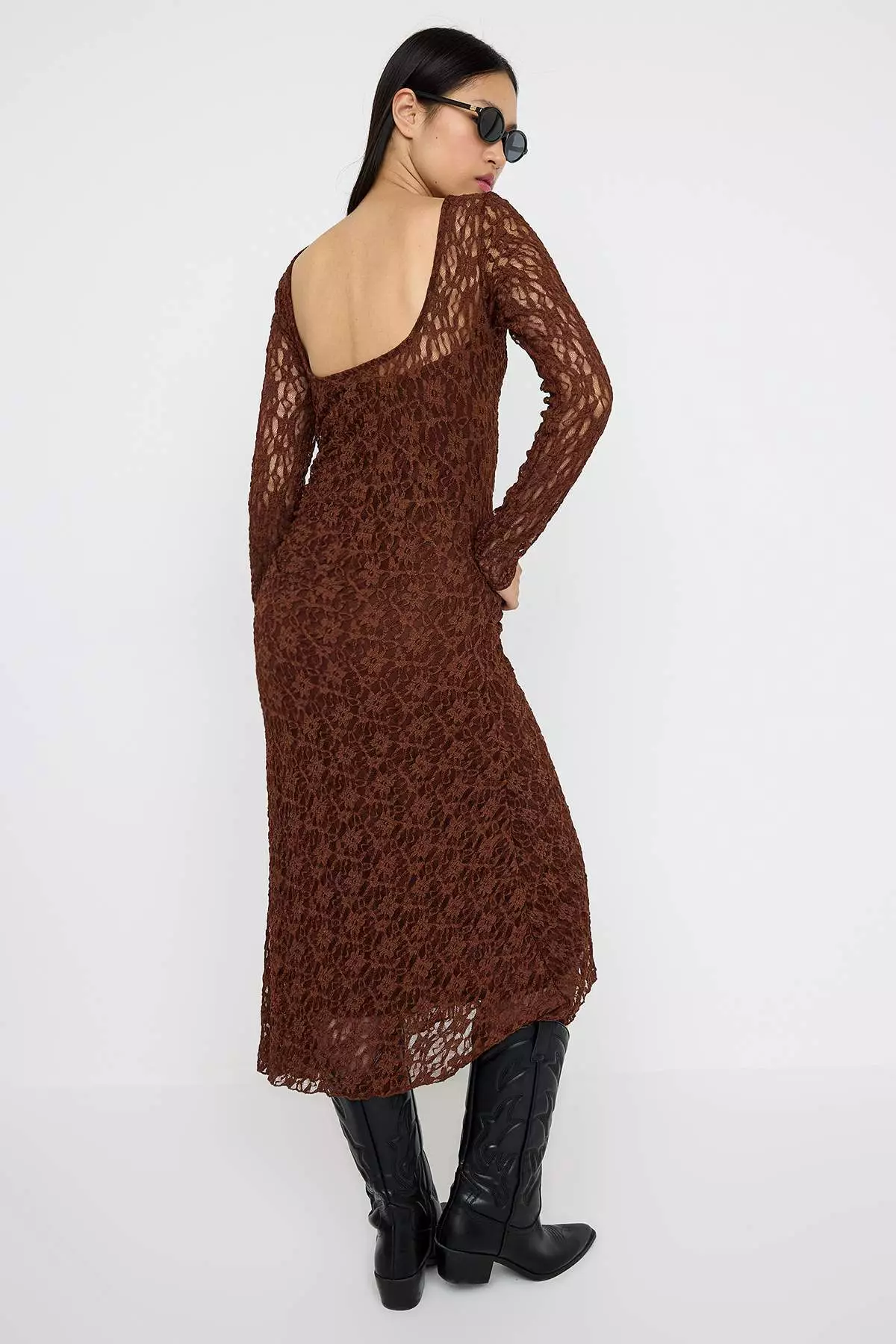 Brown Lace Bodycon Midi Backless Lined Stretch Knit Dress Twoaw26El00016