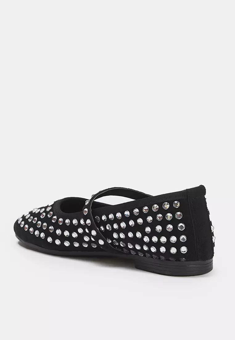 Black Stone Suede Almond Toe Mary Jane Women's Ballerina Flats Takss25Be00014