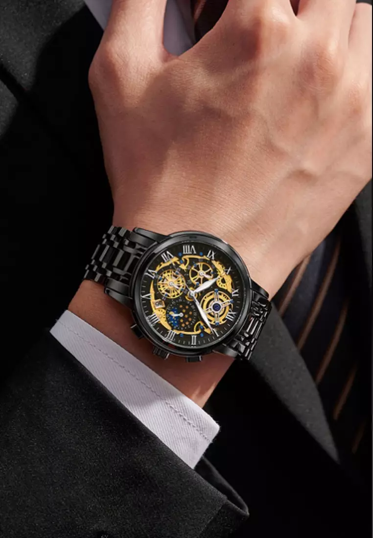 Skeleton Unisex IP Black Stainless Steel Chronograph Quartz watch 42mm on IP Black Steel Bracelet