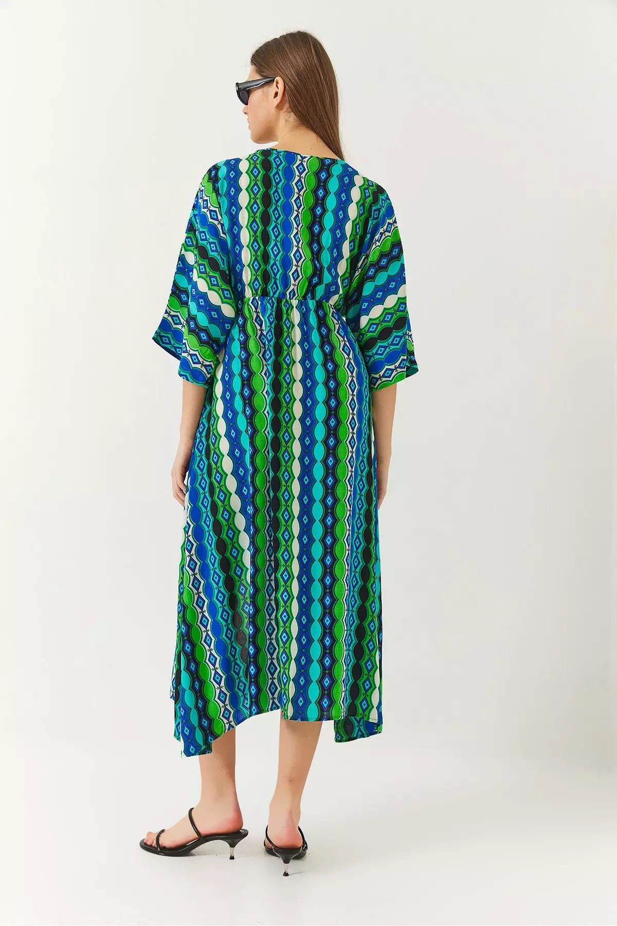 Women's Double Breasted V Neck Front Slit Detail Print Dress 60261411