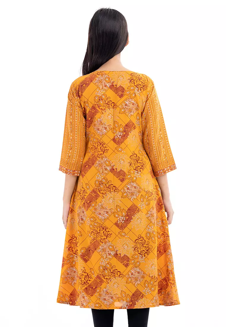 Le Reve 黄色乔其纱手工制作罩层风格束腰外衣