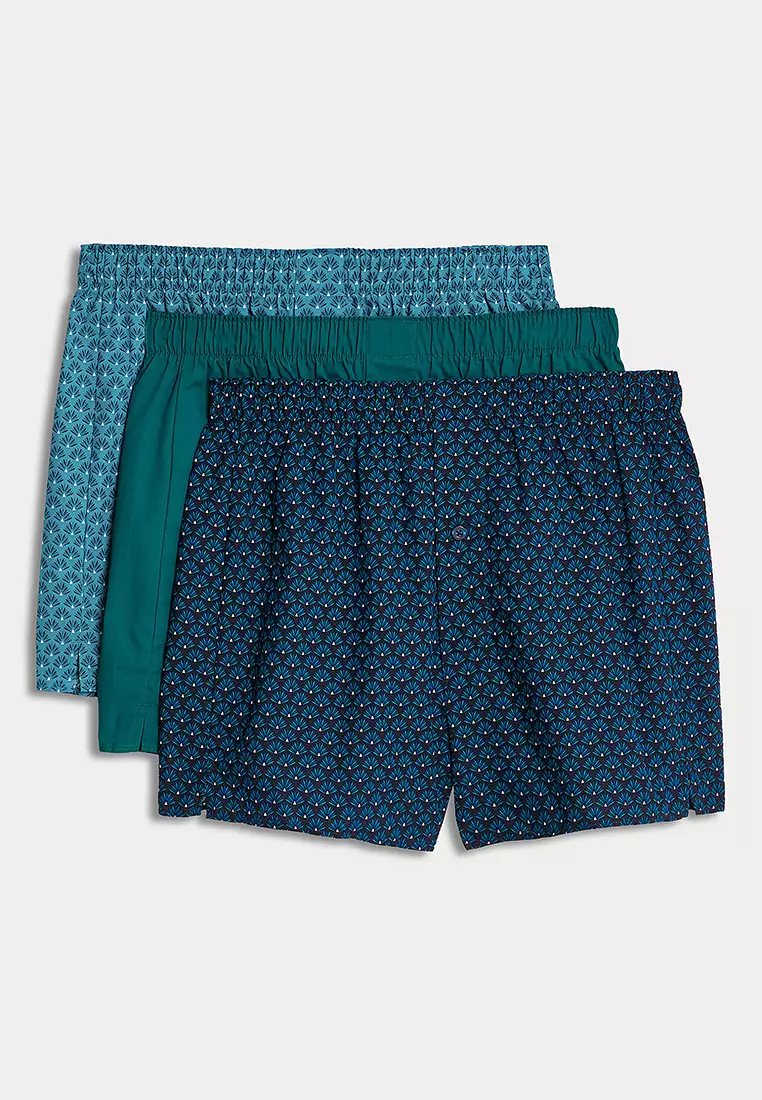 3pk Pure Cotton Fan Print Woven Boxers