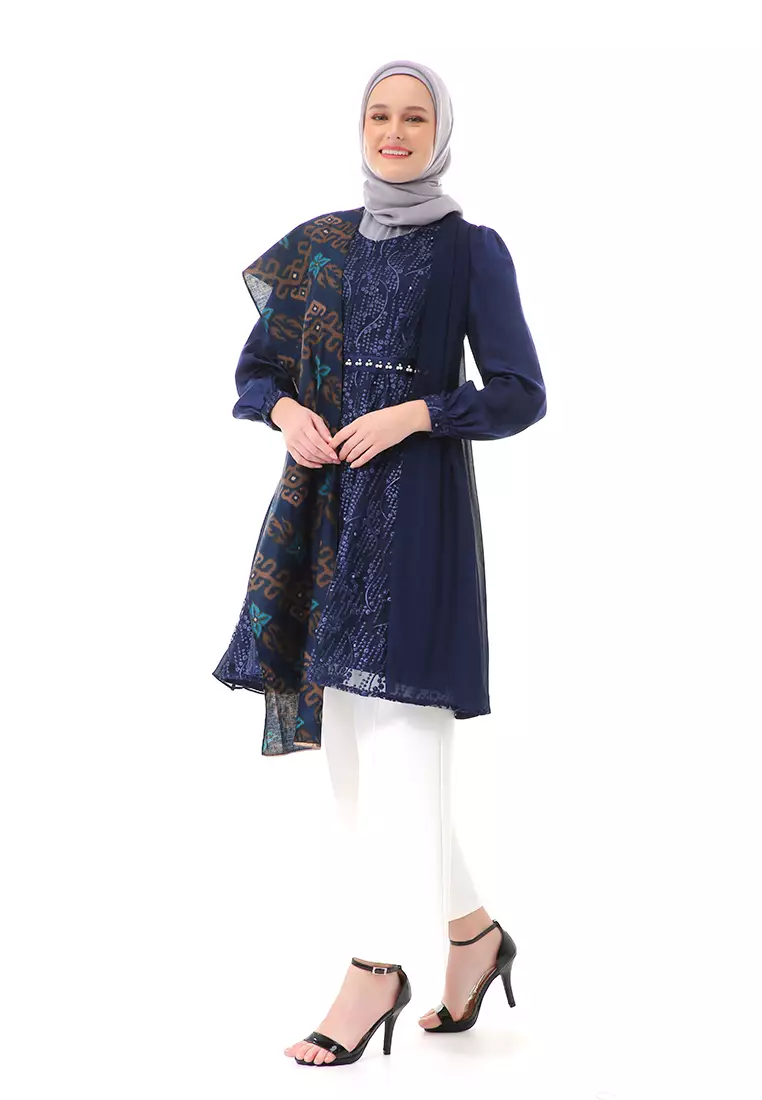 Anevay Long Slevee Baju Batik Atasan Wanita Premium Quality - Navy
