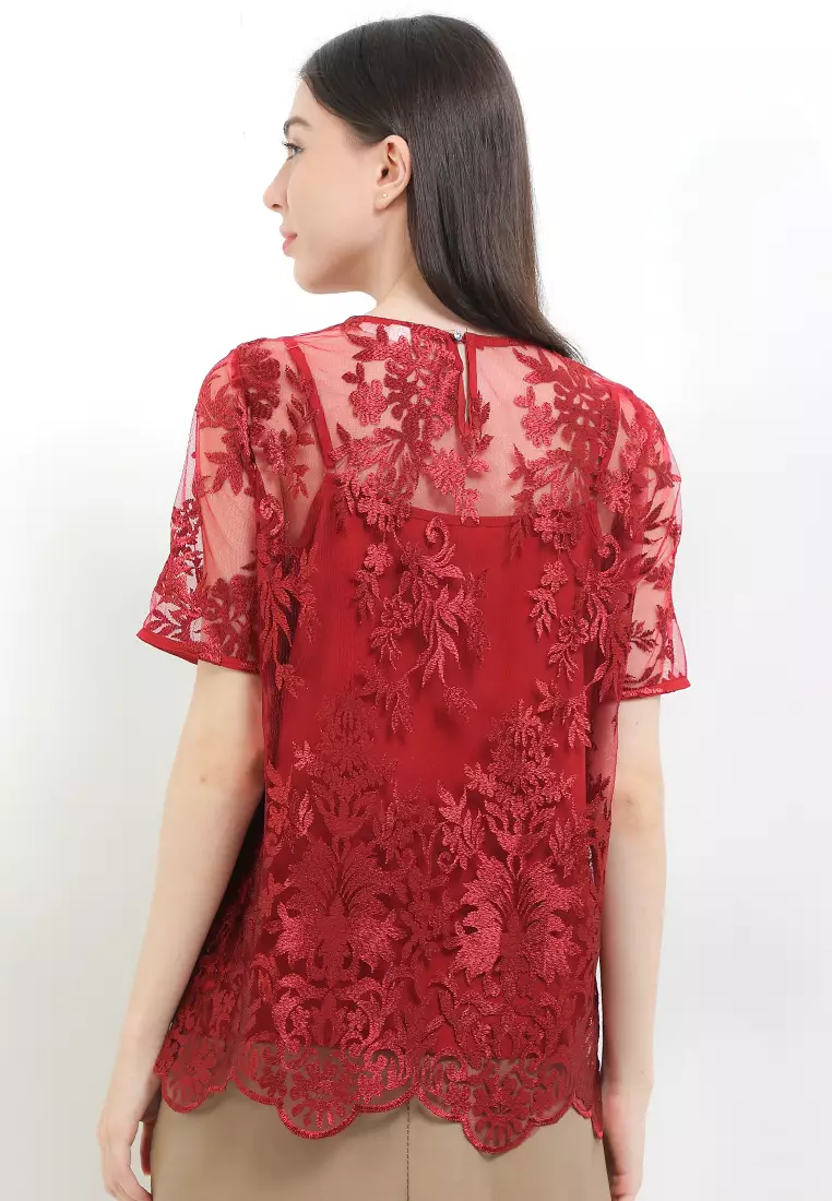 S/S Flo Emb Mesh Blouse W/ Cami