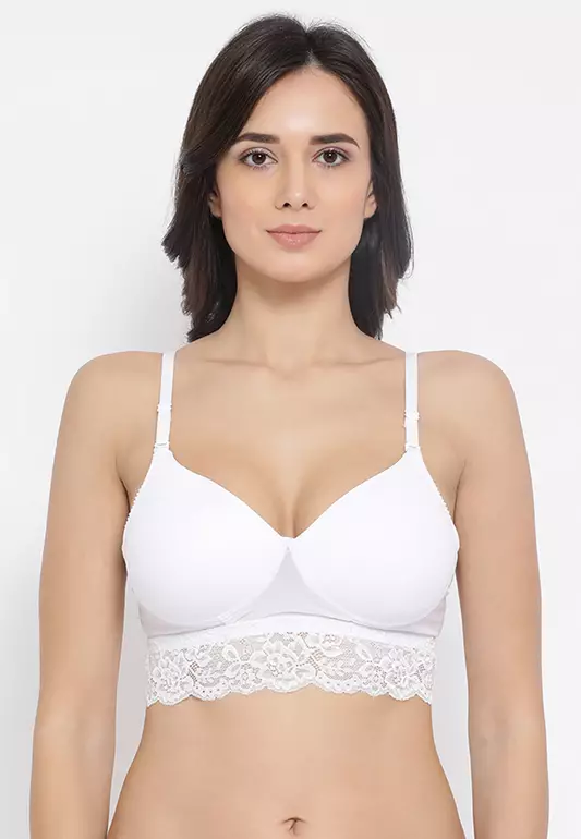 Padded Non-Wired Full Coverage Multiway Longline Lace Bralette in White
