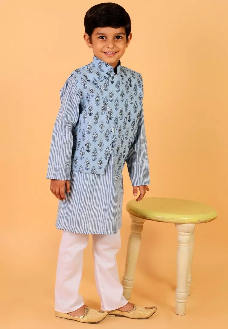 Aster Blue Block Print Jacket And Kurta Pajama Set