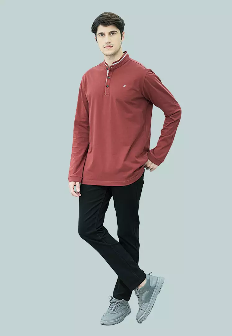 Johnwin - Kaos Henley - Kaos Lengan Panjang - Merah - Kerah Shanghai - APS.630.M457E.35.C-L/S