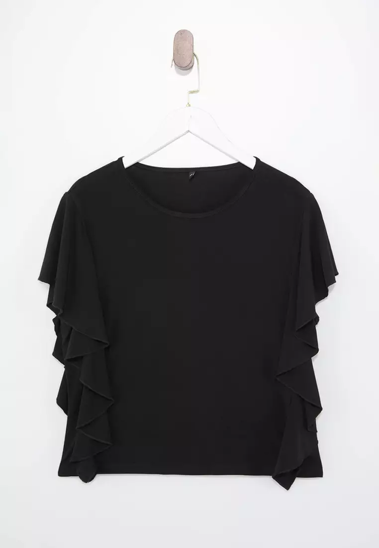 Black Sleeves Ruffle Detail Crew Neck Stretchy Knitted Blouse Tbbss26Af00082