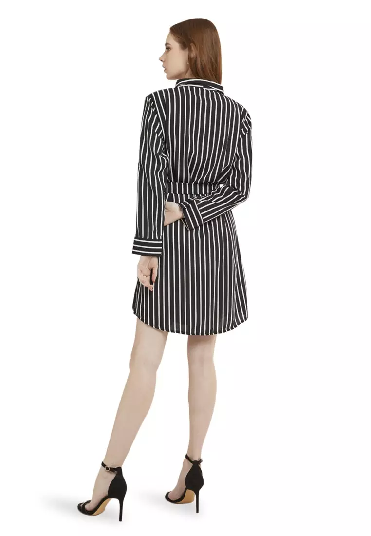Mini Dress Salur Lengan Panjang Self Tie Belt Wanita - Black