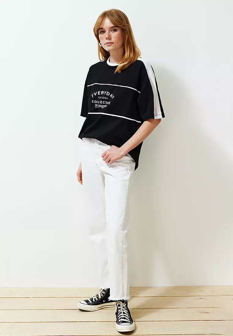 Black Color Block Slogan Oversize/Wide Fit Knitted T-Shirt
