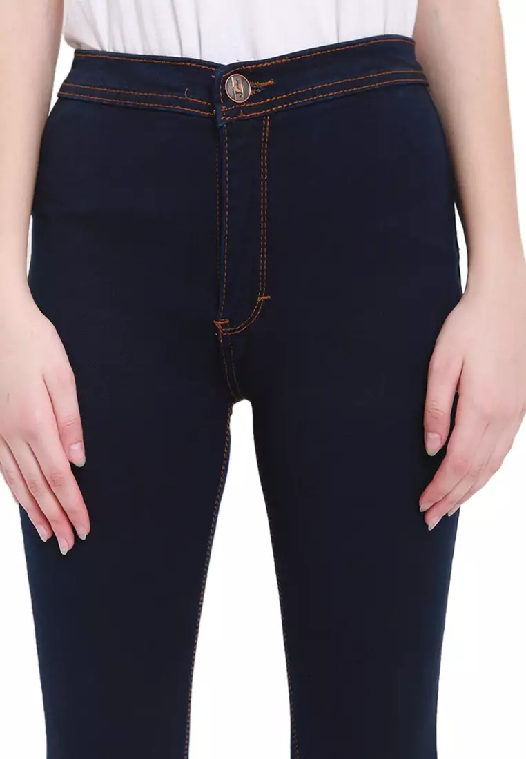 Celana High Waist Skinny Plain Jeans Bawahan Wanita Premium Quality - Navy
