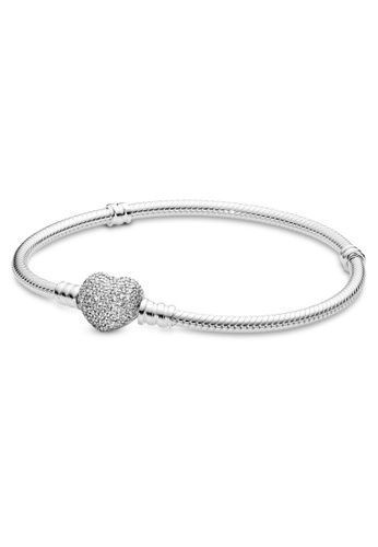 PANDORA silver Pandora Moments Sparkling Heart Pavé Clasp Snake Chain Bracelet F2D63ACB7F8A97GS_1