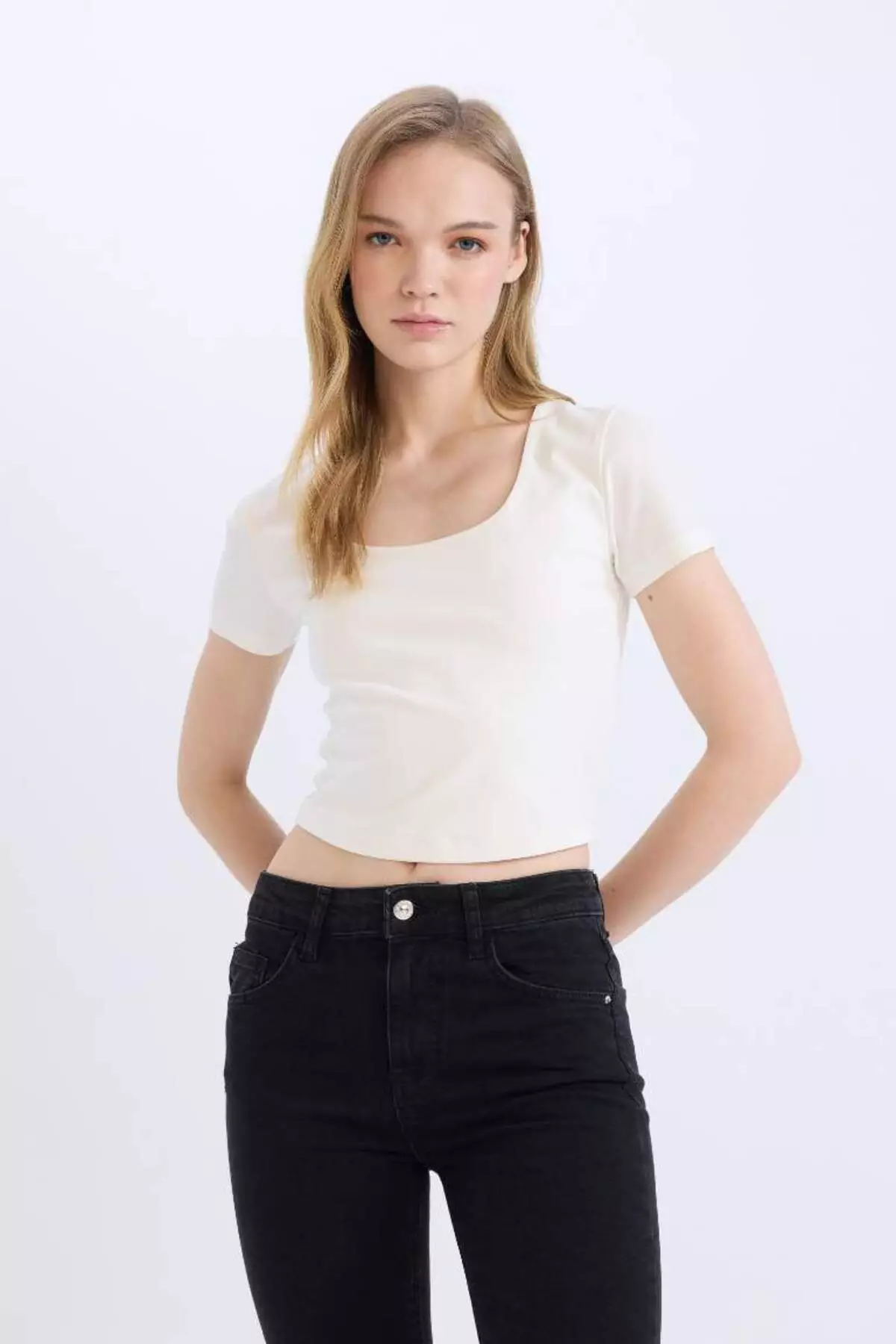 Fitted U Neck Basic Plain Short Sleeve T-Shirt C6102Ax25Sm