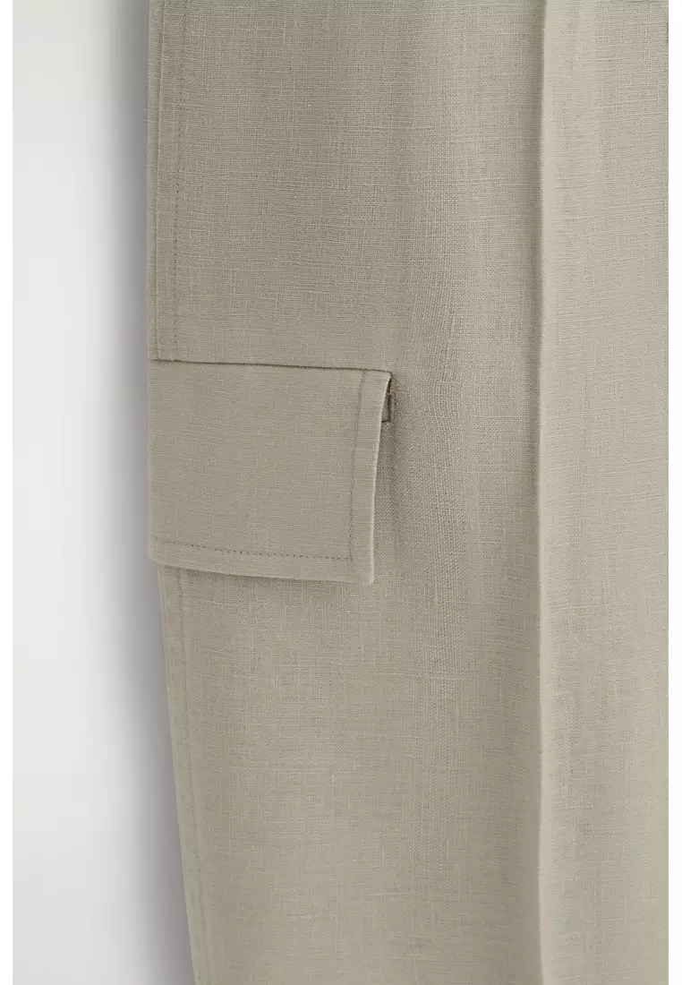 BELTED LINEN BARREL-LEG TROUSERS