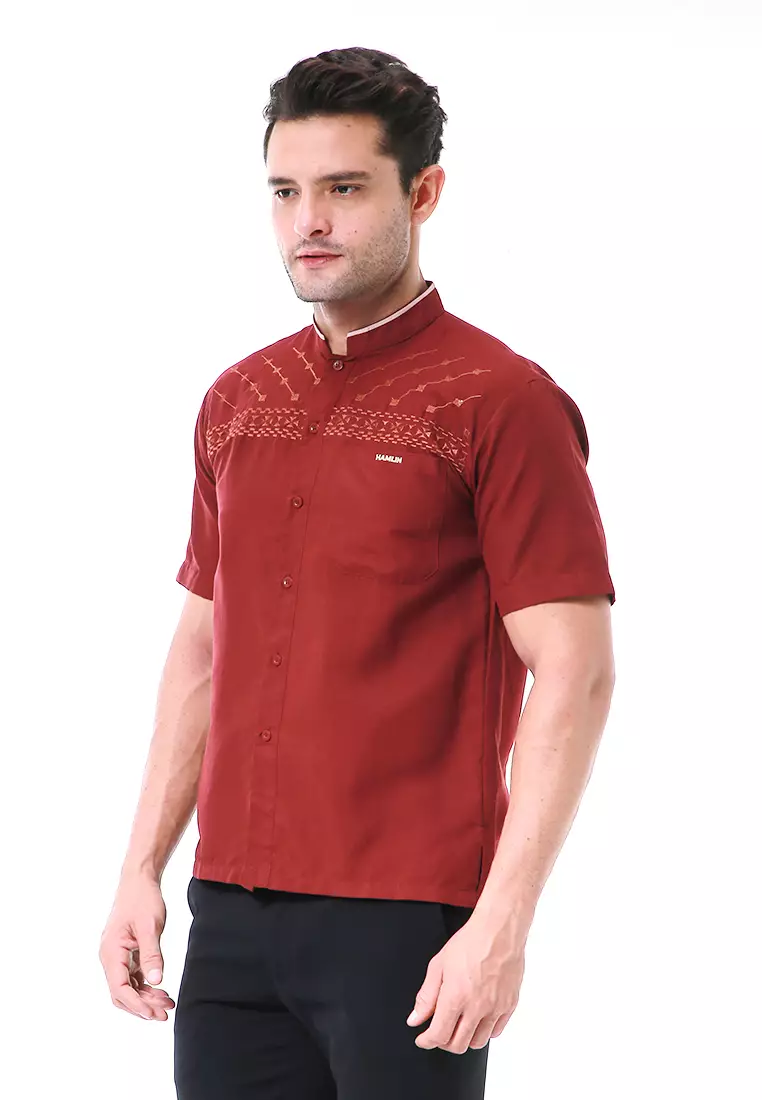 Leopold Kemeja Koko Pria Lengan Pendek Motif Bordir Material Cotton ORIGINAL - Maroon