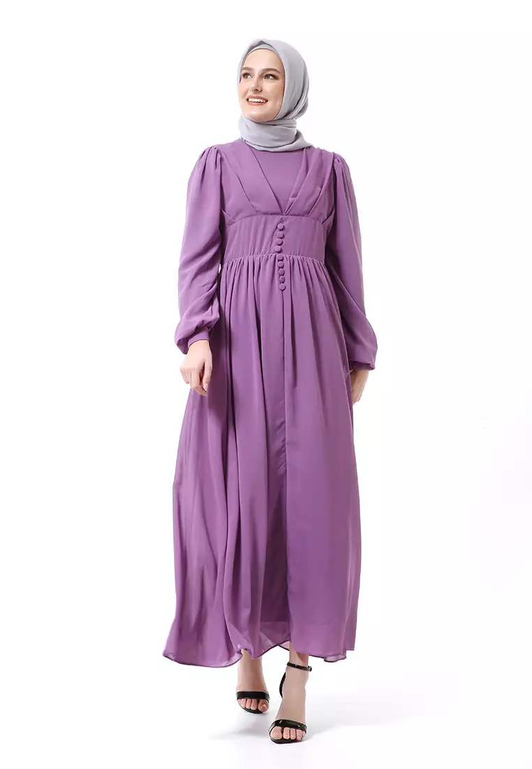 Khansa Long Dress Muslimah Atasan Wanita Long Sleeve Motif Polos High Quality - Ungu Sedang
