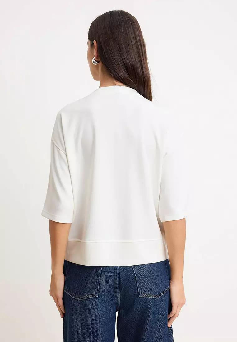 Ecru Oversized /Wide Fit Low Sleeve Three Quarter Soft Touch Knitted T-Shirt Twoss26Ts182