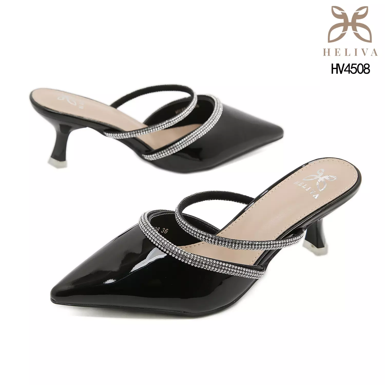 HELIVA VALORIA Twin Rhinestone Strap Mules with Lustrous Finish & 6cm Lift HV4508