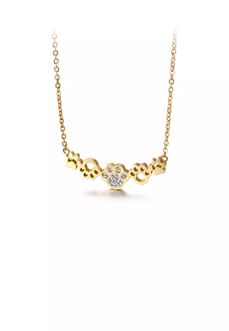 Simple and Cute Plated Gold Cat's Paw Footprint 316L Stainless Steel Necklace with Cubic Zirconia