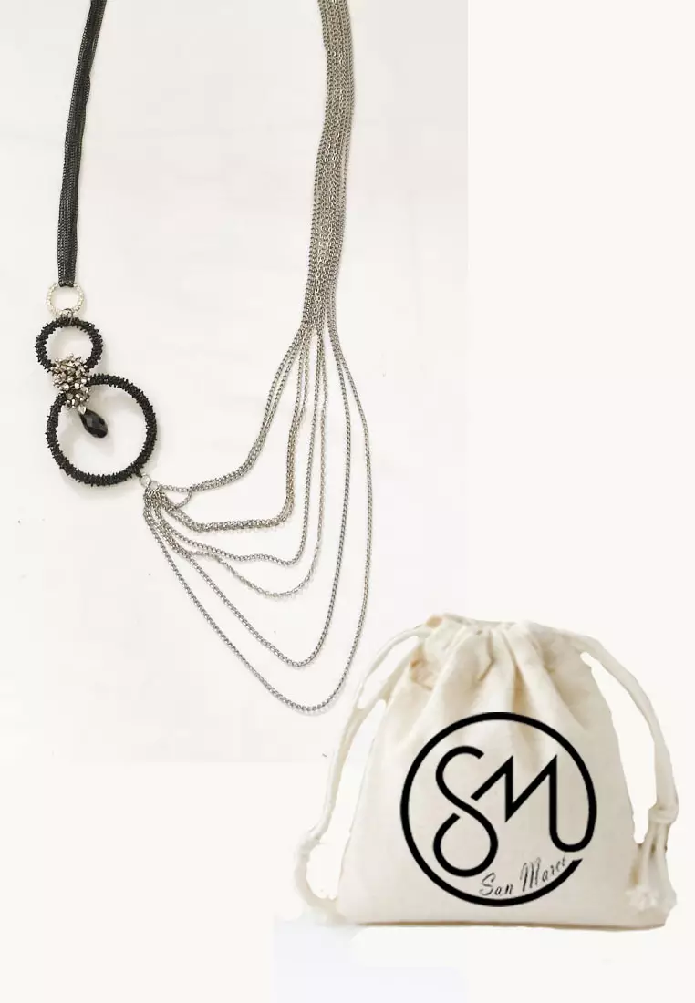 Aksesoris Wanita Round charm MultilayerLong Necklace Kalung Wanita Panjang Silver & Black