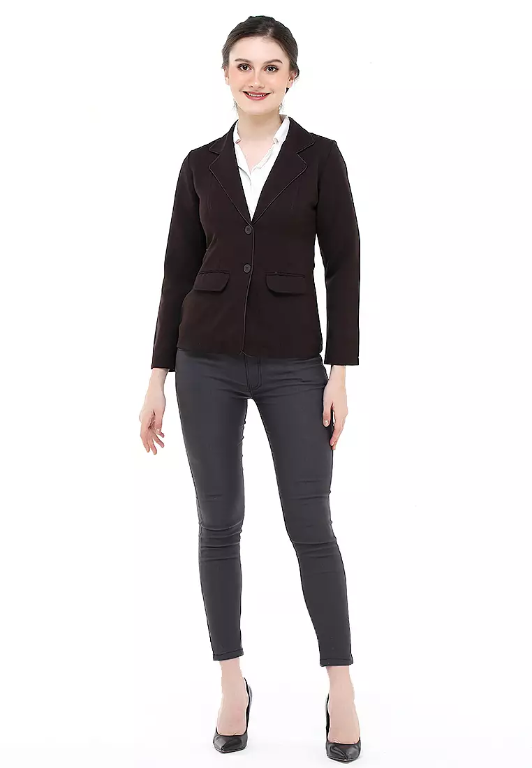Qemsya Jas Blazer Wanita Korean Style Formal Longsleeve Suit Material Polyester ORIGINAL - Dark Brown