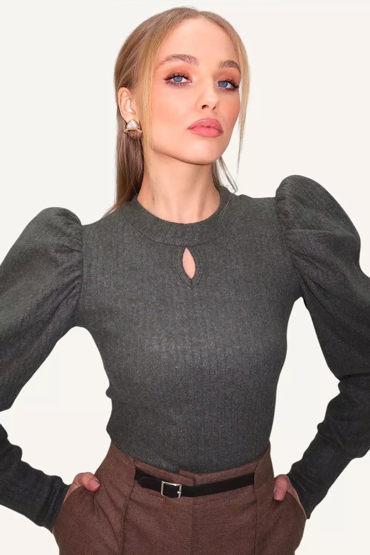 Women's Khaki Crew Neck Drop Neck Princess Sleeve Knitwear Blouse