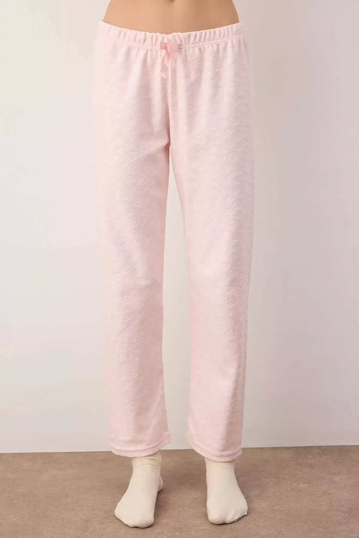 Powder Heart Patterned Ruffled And Pocketed Knitted Pajama Set Thmaw26Pt25