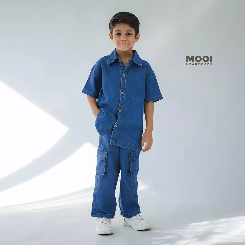 Mooi Celana Jeans Anak Kids Denim Nobi Long Cargo Pants - Medium Blue