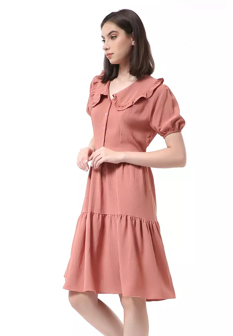 Rachel Dress Rample Wanita Collar Vintage Button Layer Trap Lengan Pendek Material Cey Flow ORIGINAL - Thai Tea